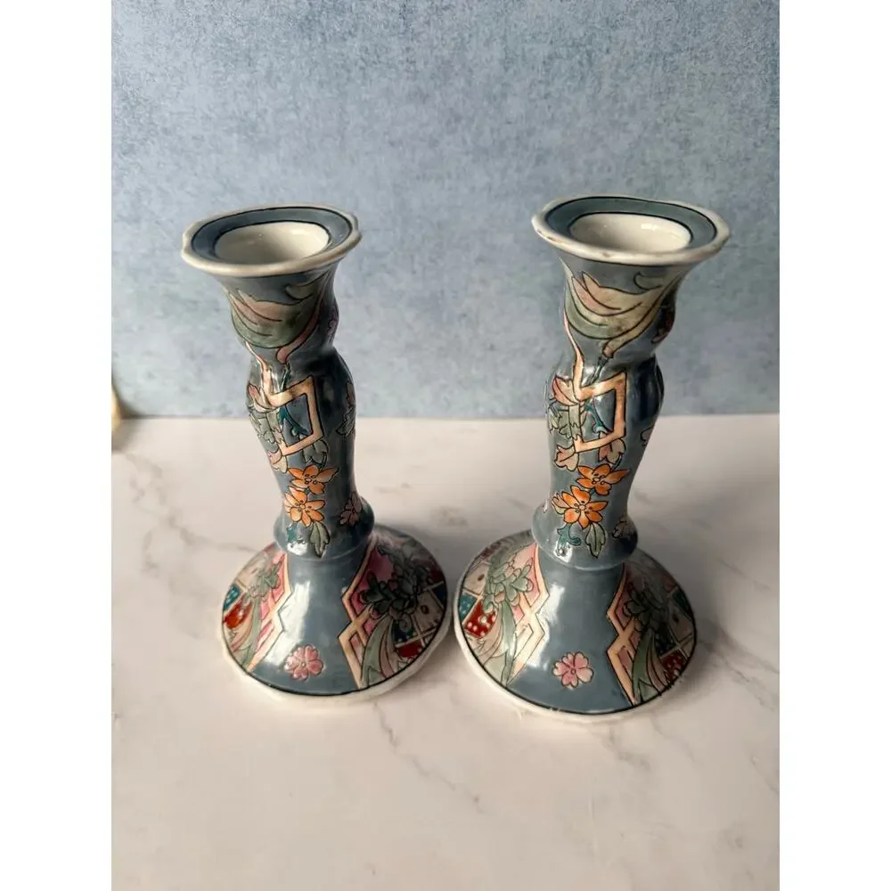 Vintage Macau Hand Painted Porcelain Trumpet Candlesticks Pair 6.5